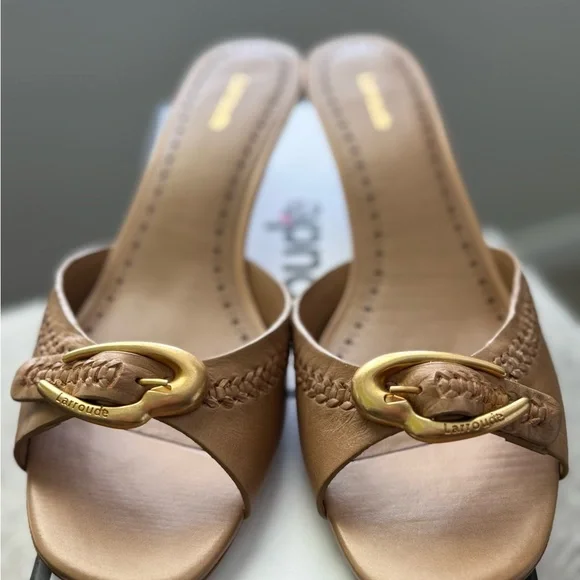 Larroude Tan Sandals with Gold Buckle - Picture 2 of 6